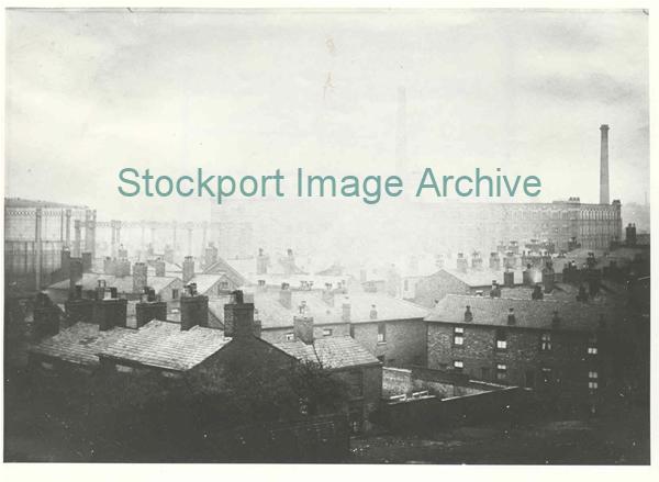 A view of Portwood showing Meadow Mill and gasholders.                                                                                                                                                                                                         